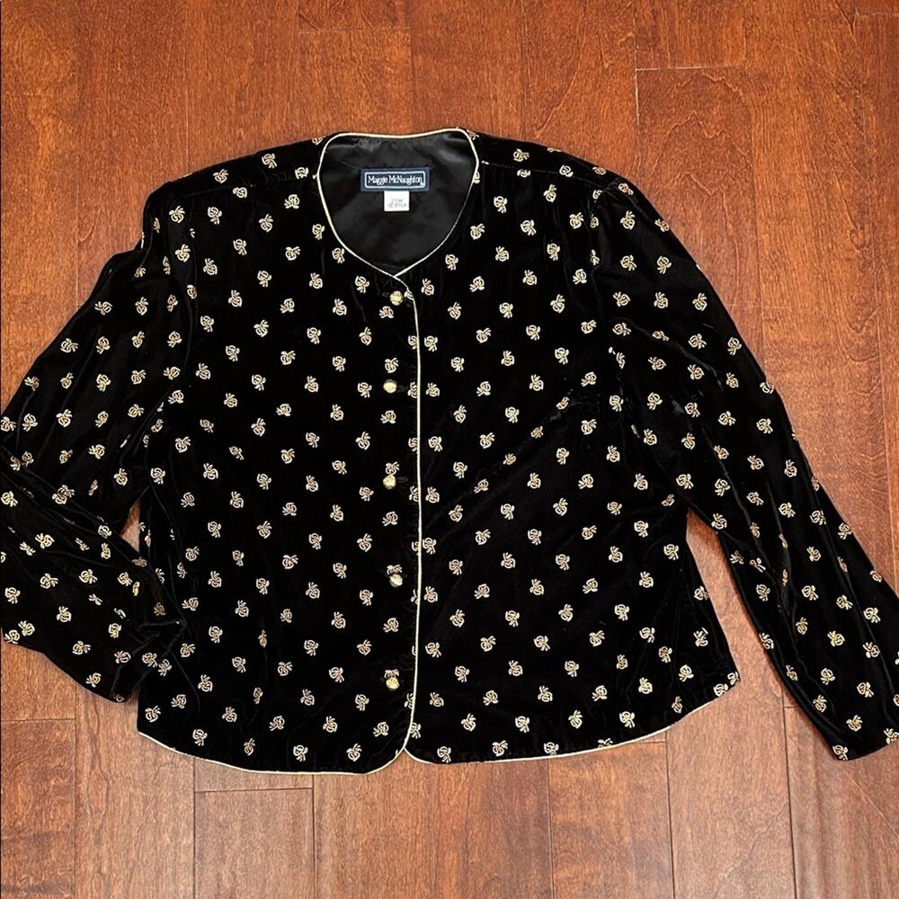 Vintage Maggie McNaughton Black Velvet Jacket with Gold Accents, Size 20W